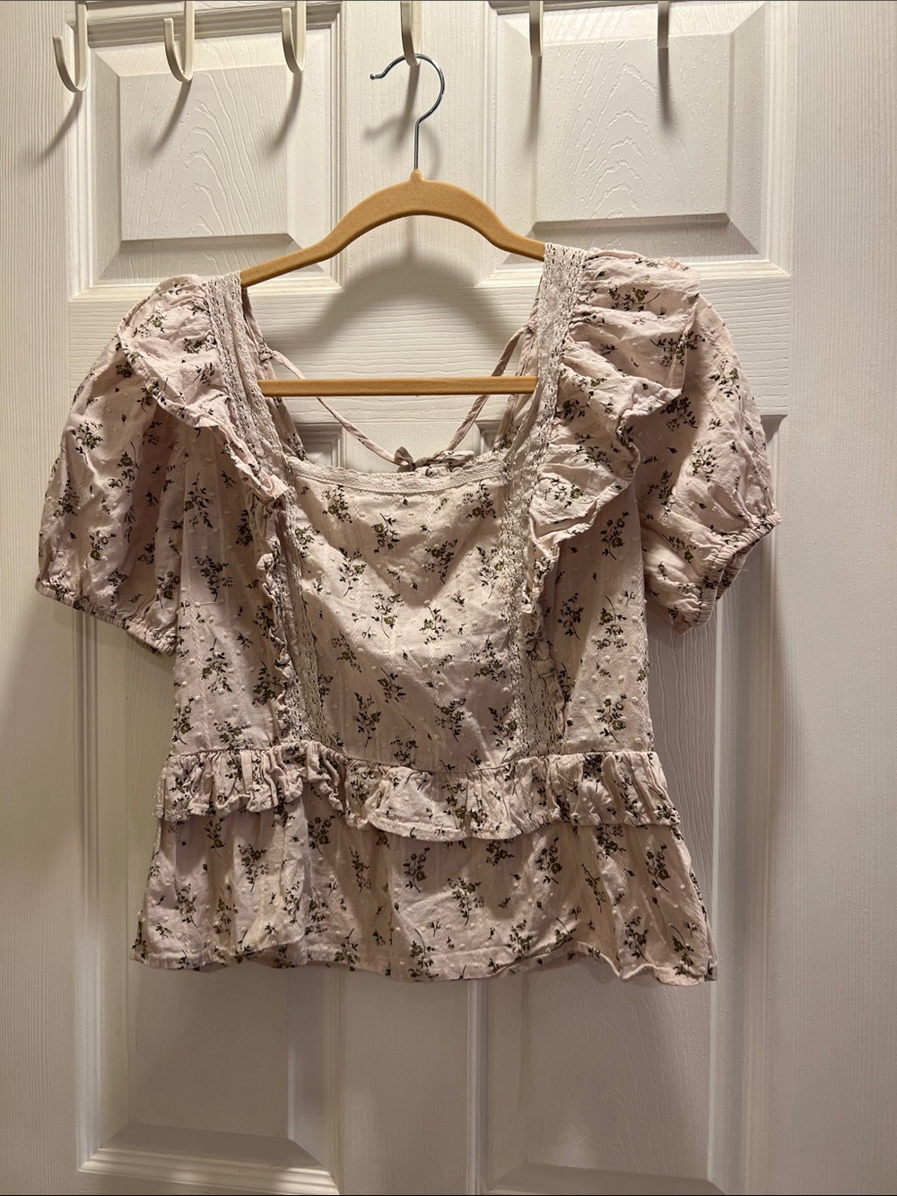Sweet Rain Cream with Olive Green Floral Ruffle Square-Neck Blouse